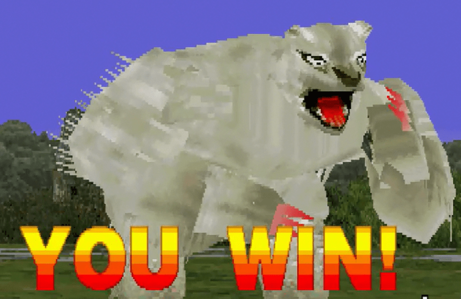 Low-res, polygonal Kuma, praying for death on the 'YOU WIN!' screen