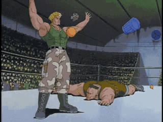Guile, victorious and being pelted with garbage, from the Street Fighter cartoon