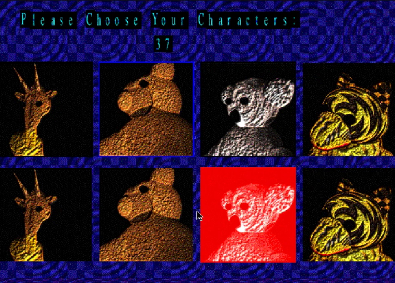 Grizzly's character select, featuring two lines of horrifying prerendered animal portraits and a nauseating ripple-checkerboard background