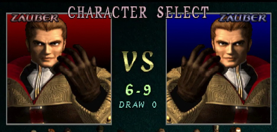 Zauber vs. Zauber on character select, with a score of 6 to 9. Nice.