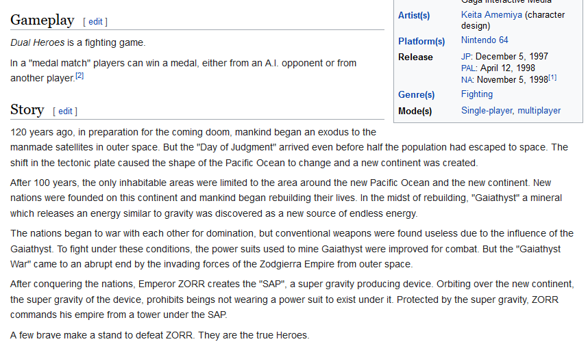 The Dual Heroes article on Wikipedia, containing literally two sentences describing gameplay, one of which is "Dual Heroes is a fighting game", and five paragraphs of story explanation. Good lord